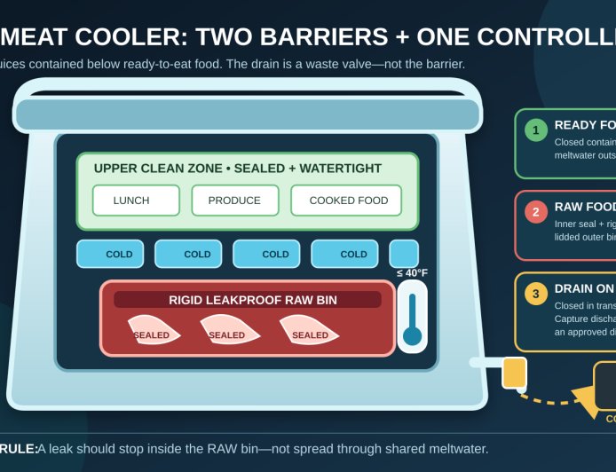 Raw meat in the campsite cooler: build a leak path that stops at the bin