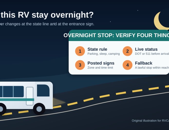 Can an RV stay overnight at a highway rest area? Build a state-by-state verification plan