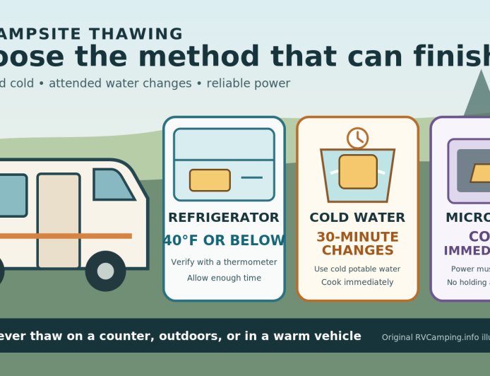Thawing frozen meat during an RV trip: fridge, cold water, or microwave?