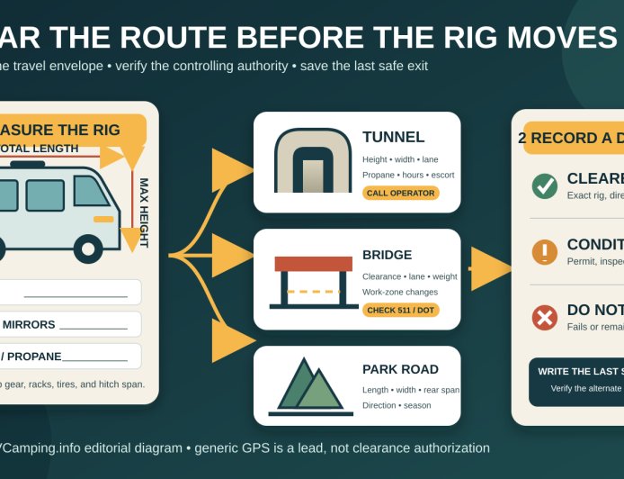 The RV route-clearance call sheet: verify tunnels, bridges, and park roads before you leave