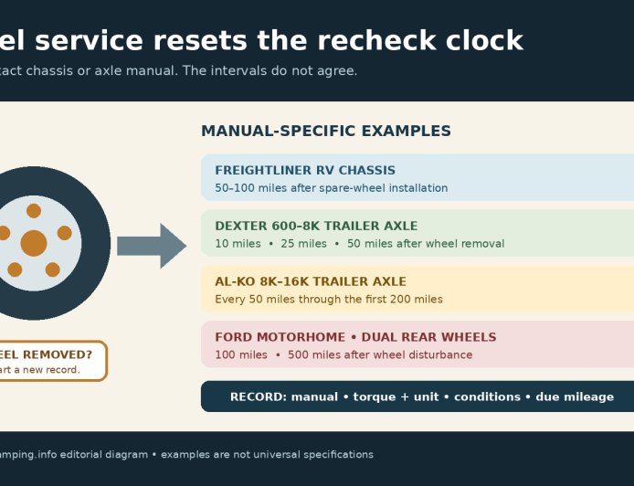 After wheel service, when should you recheck RV lug-nut torque?