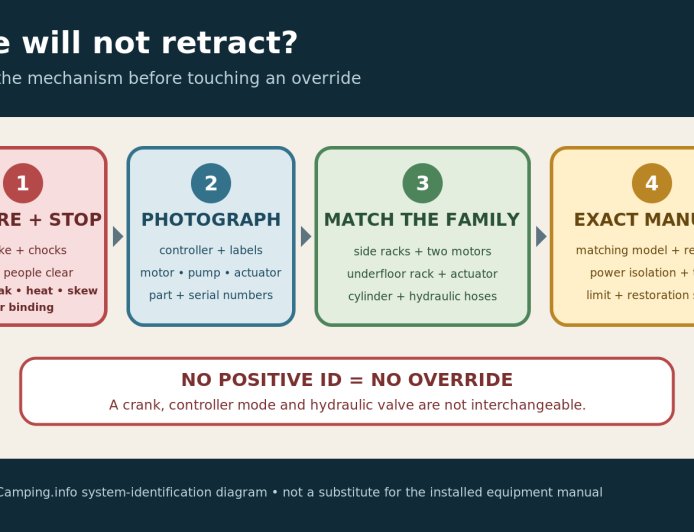 An RV slide-out will not retract: identify the mechanism before using an override