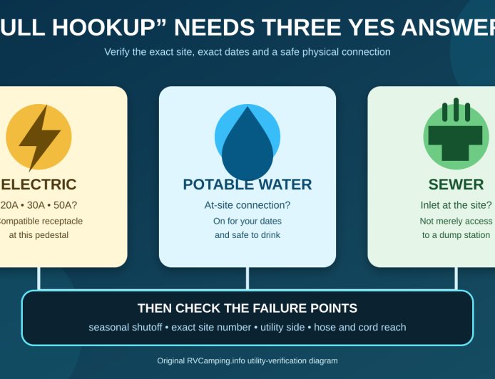 "Full hookup" is a label: verify the three RV utilities before you book