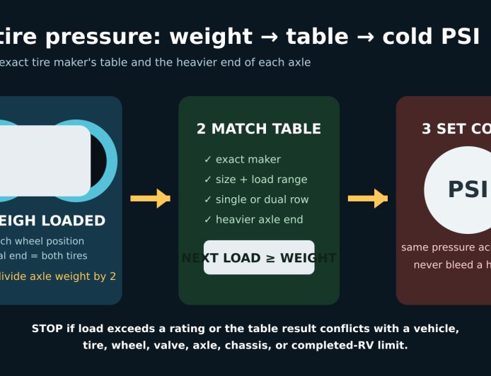 Set RV tire pressure from the weight each wheel position carries