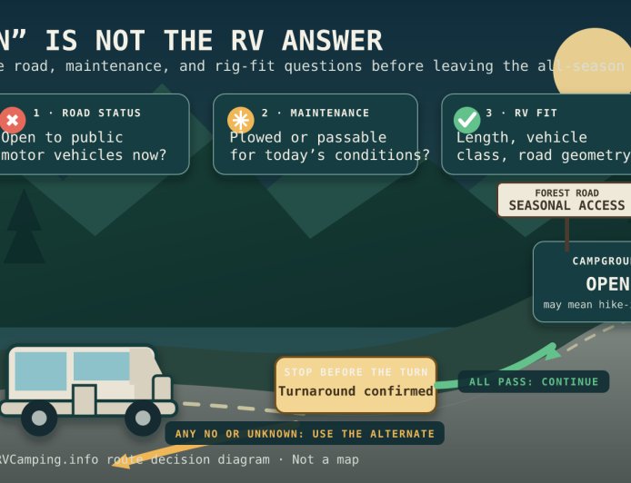 Campground open, access road closed: make the RV decision before the turn