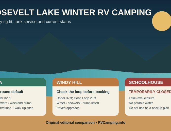 Roosevelt Lake winter RV campgrounds: Cholla, Windy Hill, or closed Schoolhouse?