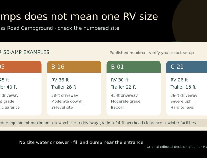Wilderness Road RV sites: why 50 amps does not guarantee rig fit