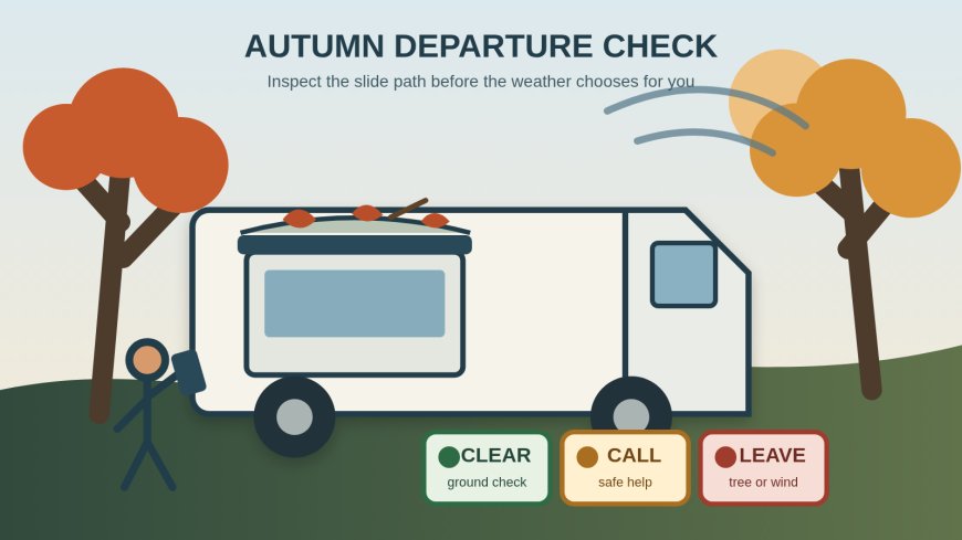 Autumn leaf-drop RV departure plan: clear, inspect, or leave