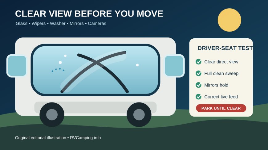 Before the RV moves: a visibility check for glass, wipers, mirrors and cameras