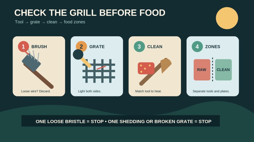 Inspect and clean a campsite grill without leaving wire bristles