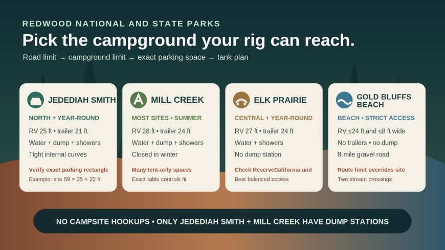 Jedediah Smith vs. Mill Creek vs. Elk Prairie vs. Gold Bluffs Beach: the RV-fit comparison