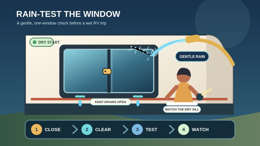 Before a wet trip, rain-test the RV windows without sealing the drains