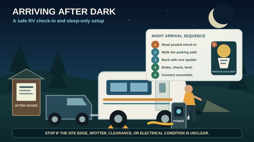 Arriving after dark at an RV campground: a safe check-in and setup sequence