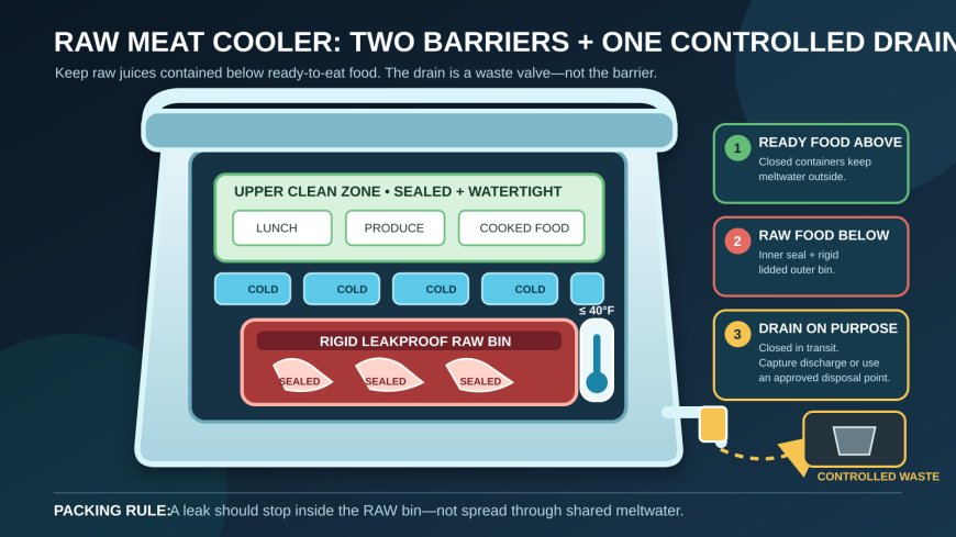 Raw meat in the campsite cooler: build a leak path that stops at the bin
