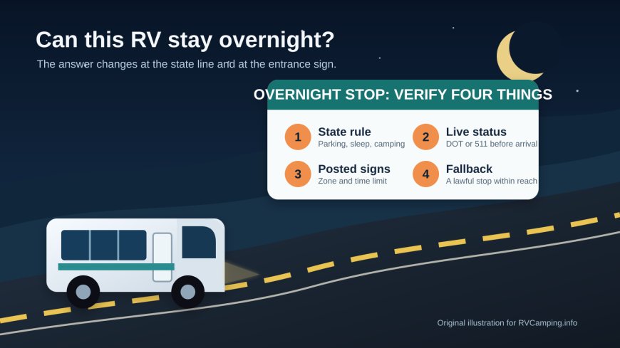 Can an RV stay overnight at a highway rest area? Build a state-by-state verification plan