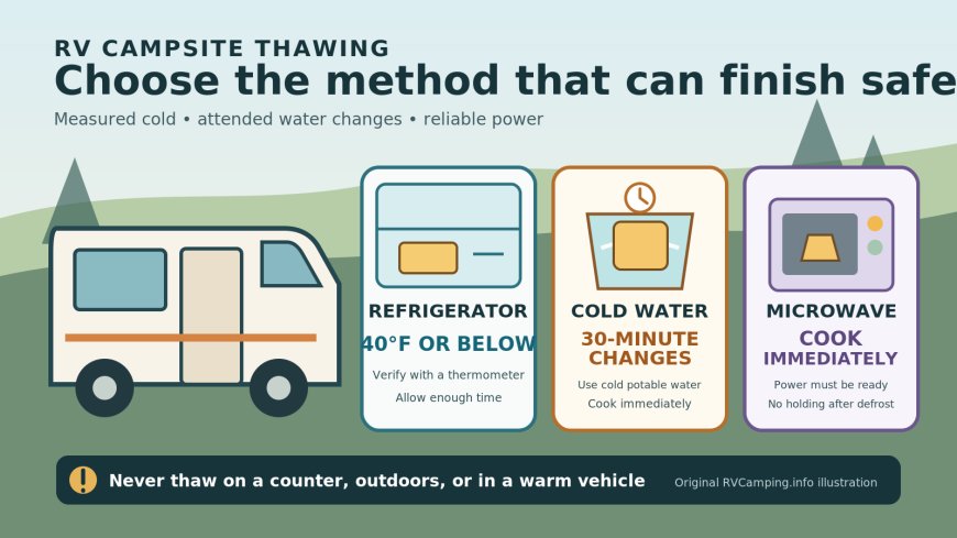 Thawing frozen meat during an RV trip: fridge, cold water, or microwave?
