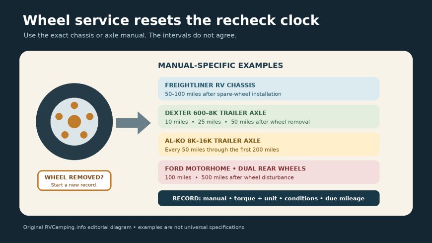 After wheel service, when should you recheck RV lug-nut torque?