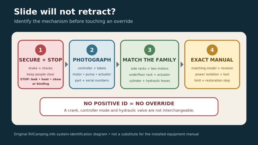 An RV slide-out will not retract: identify the mechanism before using an override