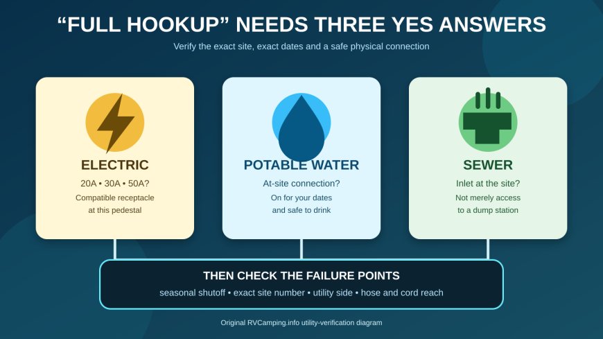 "Full hookup" is a label: verify the three RV utilities before you book