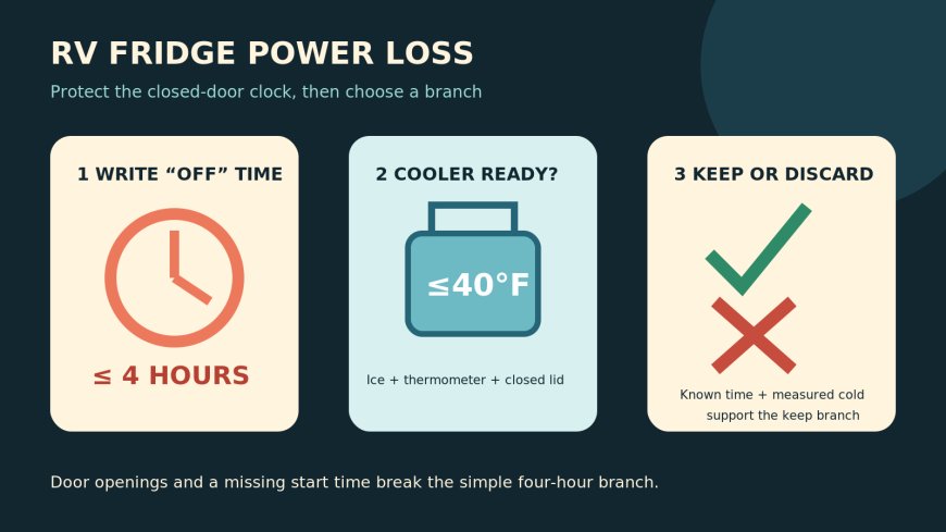 When shore power quits: run the RV refrigerator clock before opening the door