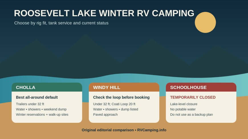Roosevelt Lake winter RV campgrounds: Cholla, Windy Hill, or closed Schoolhouse?